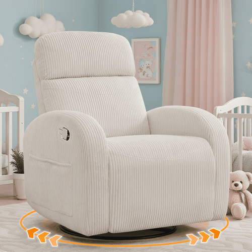 BaseBeauty Swivel Recliner Rocker Nursery, Nursering Glider Recliner, Manual Swivel Rocking Reclining with Double Pockets, Corduroy Cream White