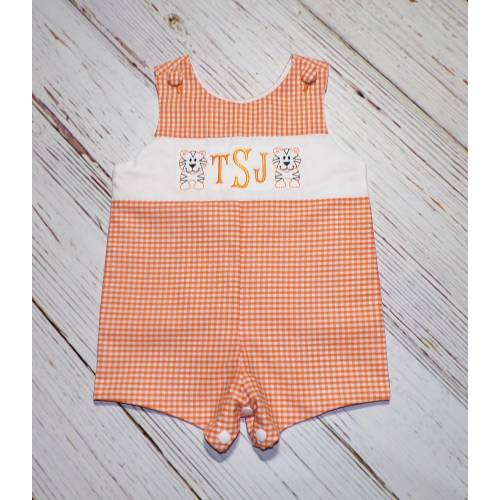Tiger Jon Jon, Orange Gingham Jon Jon, Monogrammed Romper