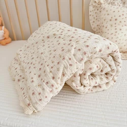 BuLuTu Cotton Muslin Toddler Quilt Blanket for Girls Boys Cute Pink Floral Toddler Quilts Soft Lightweight Crib Blankets Children Bed Blankets, Machine Washable, 47x59 Inches