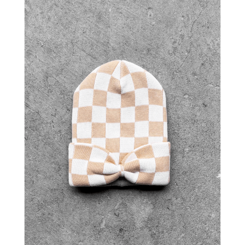 Bow Beanie in Salt + Sand Checkered