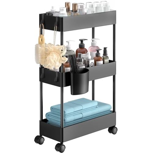Pipishell Slim Storage Cart with Wheels - 3 Tier Bathroom Organizers and Storage Cart - Rolling Carts for Bathroom, Kitchen, Narrow Space, Laundry Room,Black