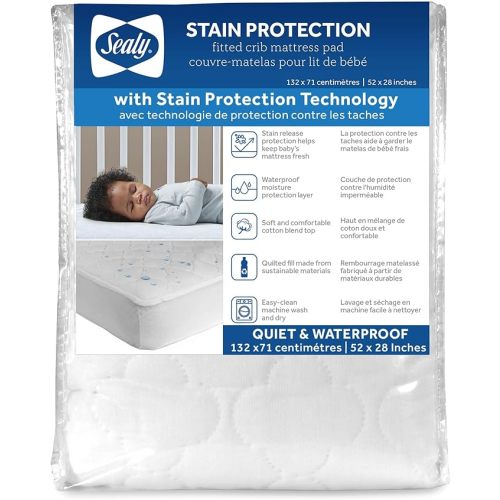 Sealy Baby Stain Protection Waterproof Crib Mattress Protector – Noiseless Fitted Sheet Cover with Quilted Cotton-Blend Top for Comfort – Machine Washable and Easy-to-Clean Toddler Pad, 52 x 28, White