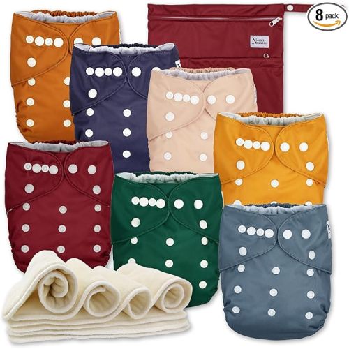 Nora's Nursery AWJ Cloth Diapers 7 Pack with 1 Wet Bag - Waterproof Cover, Washable, Reusable & One Size Adjustable Pocket Diapers for Newborns and Toddlers - Pacific Neutrals