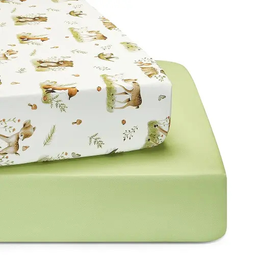 TILLYOU Baby Crib Sheets for Boys Girls, Super Soft Toddler Bed Sheets, 2 Pack Sheets for Standard Crib Mattress 28x52in, Playing in The Woods and Green