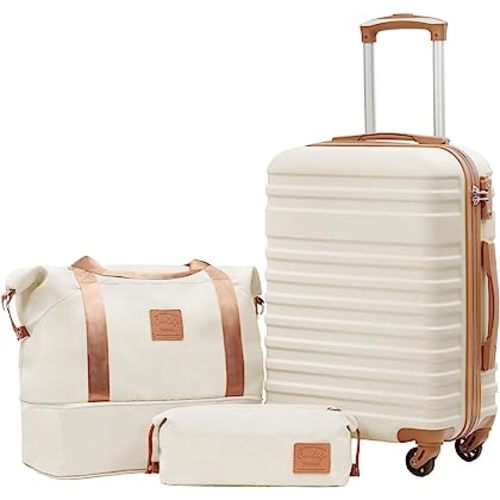 Coolife 3 Piece Luggage Set Carry On Suitcase with Hardside Durable TSA Lock Spinner Wheels (Apricot White, DB/TB/20)