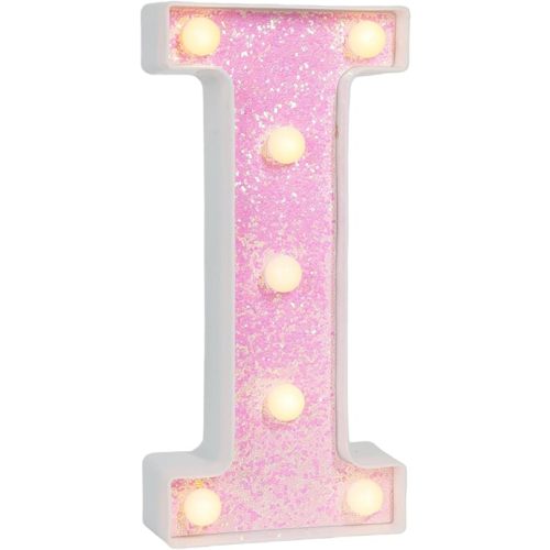 Pink Glitter Marquee Light Up Letters, Battery Operated LED Letter Lights Signs for Pink Birthday Party Table Decorations, Wall Decor for Girls Bedroom, Initial Letter I with Warm White Lights
