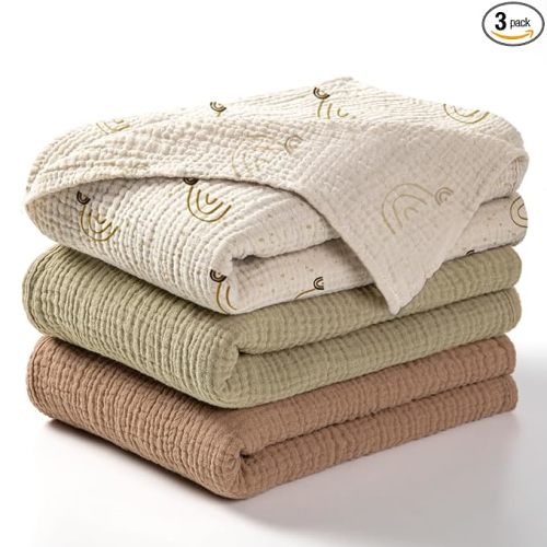 Baby Muslin Swaddle Blankets: Soft Receiving Blanket for Newborn - Cotton Swaddling Blanket for Neutral 3Pack(Rainbow Khaiki)