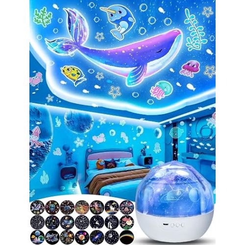 Kids Night Light Projector + 21 Sets of Films, Projector Night Light for Kids Bedroom, Ceiling, Star Galaxy Projector for Baby Girls with 360° Rotation, Dimmable for Birthday, Christmas, Room Decor