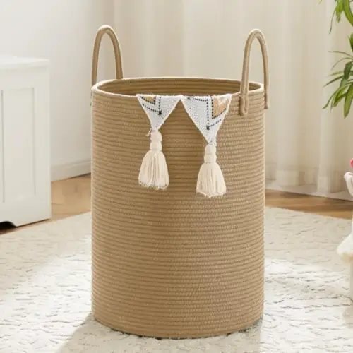Laundry Basket, Woven Cotton Rope Laundry Hamper; Color: Brown