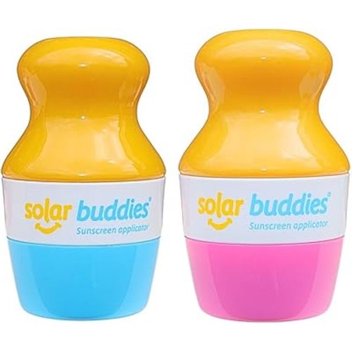 Solar Buddies Sunscreen Applicator - Blue & Pink Duo - BPA-Free Refillable Roll on Sponge Sunscreen, Suncream & Lotion Applicator For Kids, Adults & Families - Holds 3.4fl oz, Perfect Size for Travel