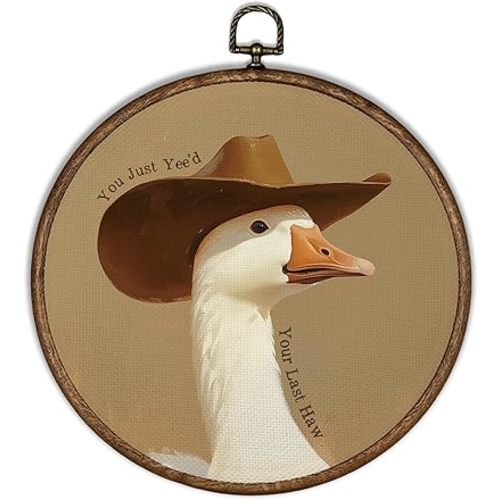 XBBMGG Vintage Cowboy Goose Wall Art Decor, Funny Western You Just Yee'd Round Wall Hanging Decor, Brown Cowboy Hat Goose Framed Canvas Prints for Nursery Living Room Bathroom Decorations, 10x10inch