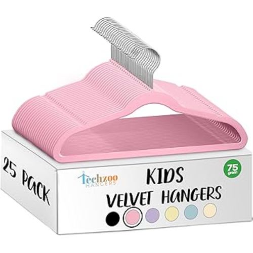 25 Premium Kids Velvet Hangers - 14" Non-Slip Clothes Hangers for Kids & Preteens - Ultra Slim, Space-Saving, Strong & Durable Hangers with 360° Swivel Hook - Pink