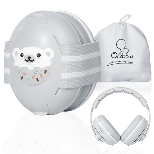2-in-1 Baby Ear Protection for Babies Infant up to 48 Months, Baby Noise Cancelling Headphones with Cute Bear Design, Ear Muffs Noise Protection with Non-Slip Band for Airplane Travel Sleep, Gray