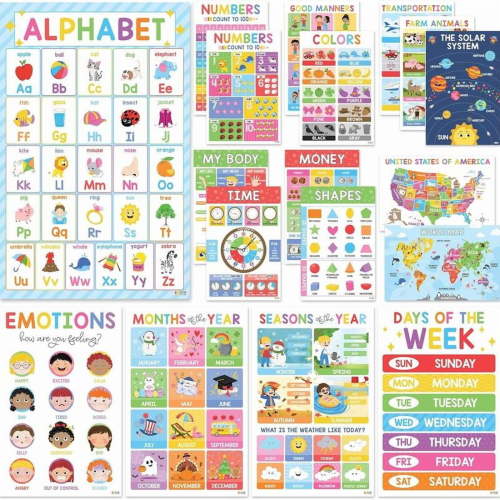 18 Laminated Educational Posters For Toddlers, Preschool Posters for Classroom, Kindergarten Wall Decor, PreK Learning Materials Alphabet Number Chart
