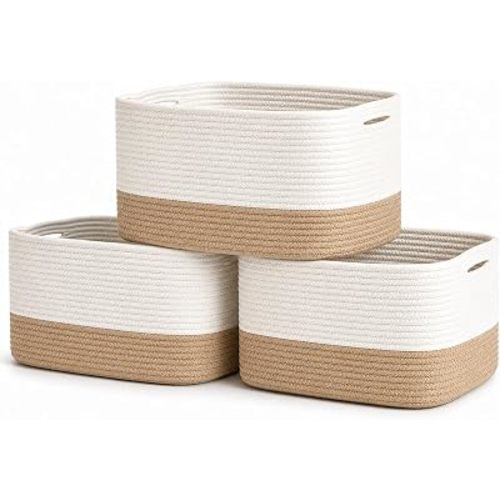 Honey Cotton Rope Baskets for Shelves, Set of 3 - 15"×10"×9½" - Woven Storage Baskets for Organizing - Closet, Nursery, Bedroom, Playroom - Toys, Books, Towels, Clothes
