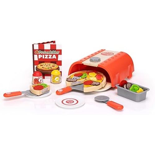 Fat Brain Toys Pretendables Backyard Pizza Oven Set, Kids Pretend Play Food Accessory with Storage, Pizza Play Set, 3 Years and Up