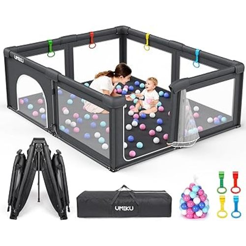 Baby Playpen Foldable Playpen for Babies and Toddlers, Extra Large Playpens Portable Play Pen Travel Activity Center for Kids Indoor Outdoor Pack and Play Baby Shower Gifts, 71"X59" Dark Grey