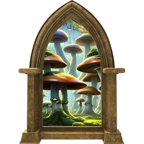 24 inch Mushroom Forest 1 Sandstone Castle Window Wall Decal, Fairy Tale Wall Art, Enchanted Forest Wall Art, Mushroom Wonderland, Peel and Stick