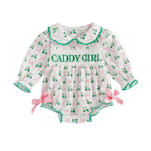 Infant Baby Girl Golf Romper Bow Letter Embroidered Long Sleeve Doll Collar Smocked Jumpsuit Spring Fall Clothes 0-18 Months - TikTok Shop | Holiday Sales TikTok Shop