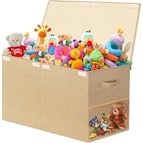Large Toy Storage Box with Lid Upgraded Toy Chest Organizer with Removable PP Divider Foldable Toy Bin for Kids Boys Girls Linen Fabric Toy Box for Playroom Nursery Bedroom (25"x13"x16")