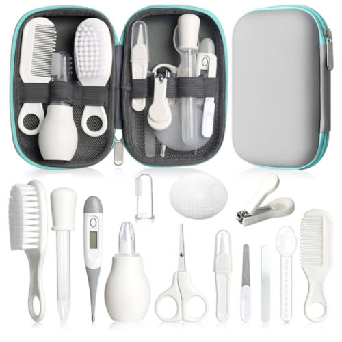 Baby Grooming Kit, Infant Safety Care Set with Hair Brush Comb Nail Clipper Nasal Aspirator,Baby Essentials Kit for Newborn Girls Boys (Grey White)