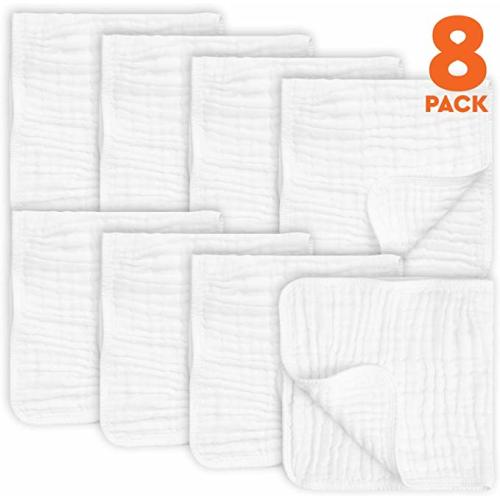 AllSett Baby 8 Pack Muslin Burp Cloths Large 20" by 10" 100% Cotton, Hand Wash Cloth 6 Layers Extra Absorbent and Soft