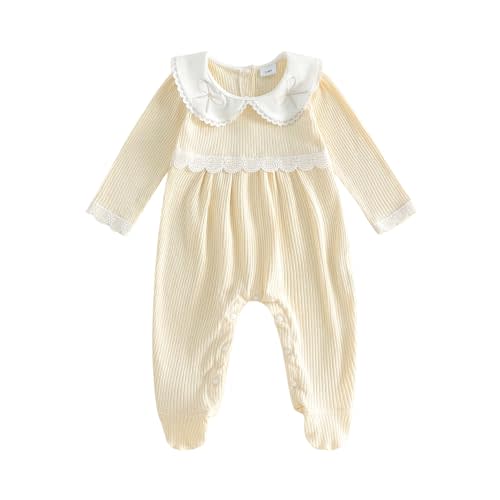 Newborn Coming Home Outfit Footed Romper Baby Girl Fall Clothes | Long Sleeve Doll Collar Romper, for Going Home Outfit, Hospital Outfit, for Fall Winter Clothes, for Baby Girl 0-12 Month