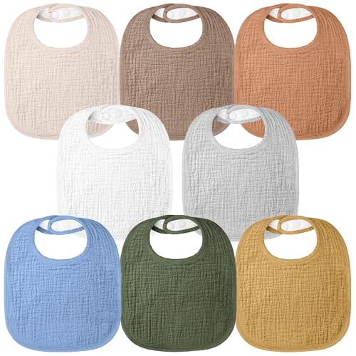 Bearmoss Baby Bibs for Drooling and Teething 100% Cotton Muslin Bibs for Baby Boy & Girl,Adjustable, Ultra Absorbent,8 Pack