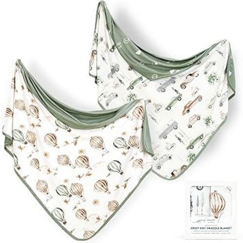GRSSDER Baby Swaddle Blankets 2 Pack, Super Soft Jersey Knit Reversible Quilt for Baby Girls and Boys, Double Layer Receiving Blankets 34 x 44 Extra Large for Swaddling, Cars & Balloons