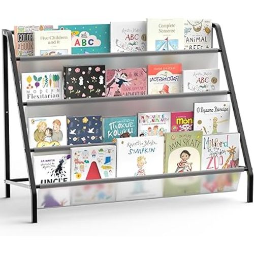 HAVEDAWN High-Transparent 4 Tier Kids Bookshelf, Sturdy Metal Large Size Book Rack Storage for Kids (Black)