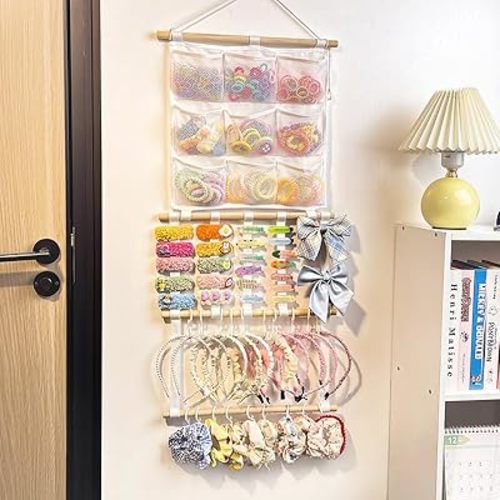 Headband Holder Hair Bows Organizer for Girls, Large Capacity Bow Holder, Pre-Assembled Hair Accessories Wall Hanging Organizer for Toddler Baby Girl Nursery Room Décor