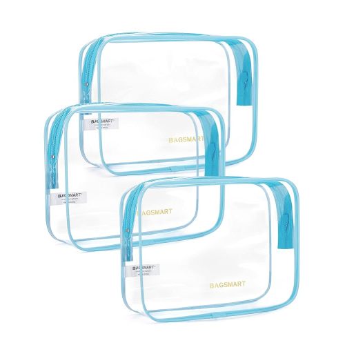 BAGSMART Clear Toiletry Bag, 3 Packs TSA Approved Water-resistant Quart Size Travel Organizer, Airport Airline Travel Essential Carry-On Makeup Cosmetic Bags for Women, Blue