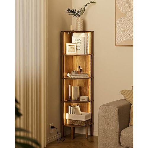 Corner Shelf Stand, 5 Tier Corner Bookshelf,Corner Furniture for Bedroom Display Corner Shelf for Small Space,Wood Shelves with Storage Rack for Living Room,Office,Walnut