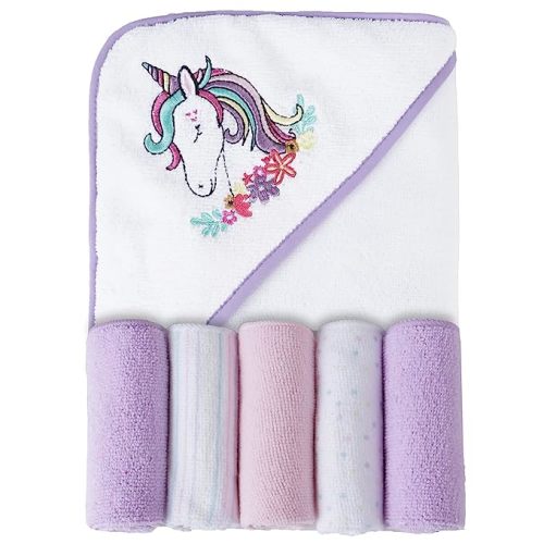 Viviland Baby Towels and Washcloths, Soft Absorbent Purple Baby Bath Towel Set, Unicorn Hooded Towels with 5 Infant Face Washcloths (6 Pieces)