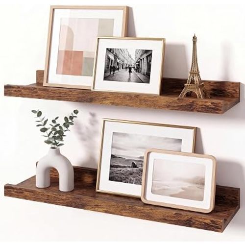 Brown Picture Ledge Shelves for Wall, 4.5" Deep Wood Floating Shelves with Lip for Bedroom, Living Room, 16" Width, Color Brown Set of 2