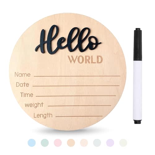 Xyndrella Baby Announcement Sign with Pen, 5.9 Inch Wooden Hello World Newborn Sign for Hospital, 3D Birth Announcement Board, Welcome Baby Name Signs for Nursery, Newborn Gift for Boy & Girl,Black