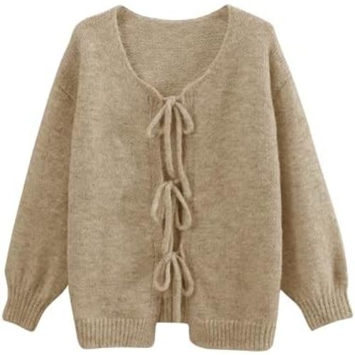 Lumister Cute Oversized Cardigan Sweaters for Women Y2K Long Sleeve V Neck Bow Tie Front Cadigan Knitwears Bow Tops