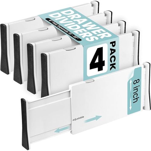 RAPTUROUS Adjustable Drawer Dividers, 8" Tall, Expandable 13.35-22", 6-Pack, Non-Slip for Deep Drawers in Kitchen, Bedroom, and Closet (White)