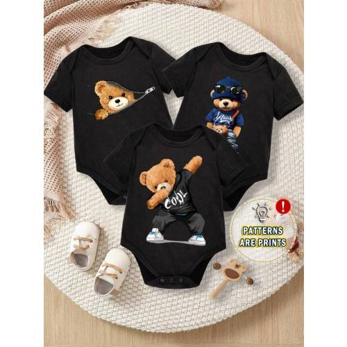 SHEIN 3pcs Baby Boys Casual Cartoon Bear Pattern Short Sleeve Bodysuit, Crew Neck, Suitable For Summer, Made Of Cotton | SHEIN USA