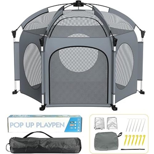 PRObebi Portable Pop Up Playpen for Babies and Toddlers - Grey Lightweight Outdoor Play Yard with Three Sun-Shade - Beach and Indoor Use with Travel Bag