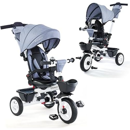 Baby Trike, 6-in-1 Kids Tricycle with Adjustable Push Handle, Removable Canopy, Safety Harness for 18 Months - 5 Year Old(Light Grey)