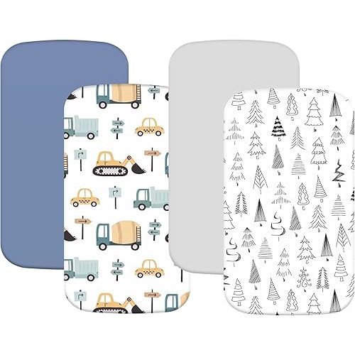 4 Pack Bassinet Sheets Compatible with 20" x 35" Newton, Jimglo 3 in 1, HARPPA and Larex 3 in 1 Baby Bassinet, Soft and Skin-Friendly, Blue Truck & Grey Forest