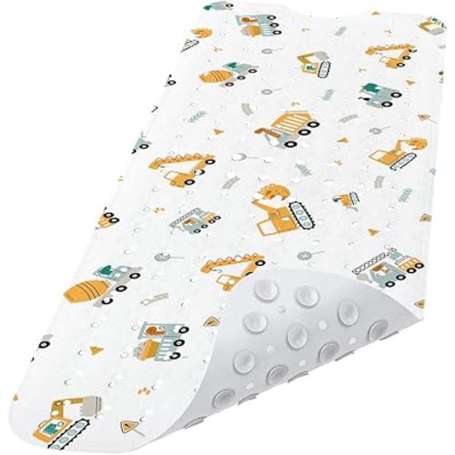 Lnond Kids Non-Slip Bathtub Mat, Extra Long PVC Bath Safety Mat with Strong Suction Cups, Soft & Comfortable, Easy to Clean, for Safer Family Bath Time (Yellow Excavator)
