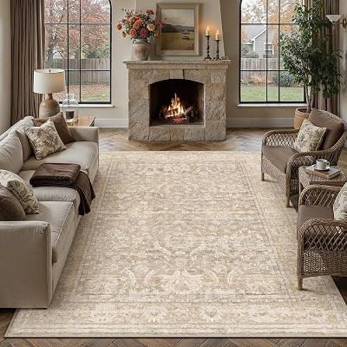 PureCozy Washable Beige 6X9 Area Rug for Living Room Bedroom Neutral Vintage Floral Large Rugs Non-Slip Soft Low Pile Carpet Stain Resistant Indoor Office Throw Rug for Dining Room Nursery