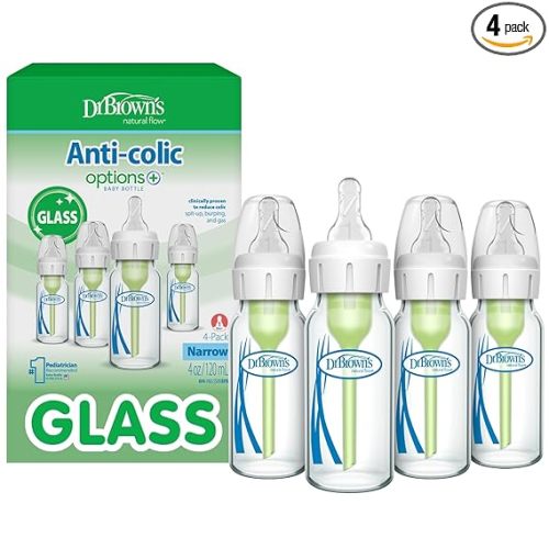 Dr. Brown's Anti-Colic Options+ Narrow Glass Baby Bottle with Level 1 Slow Flow Nipple, BPA-Free, 4 oz/120mL, 4-Pack