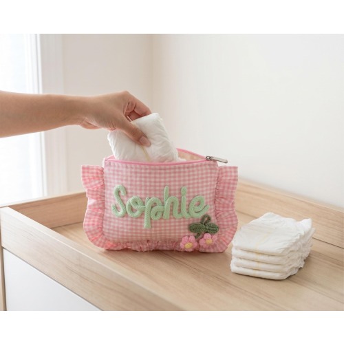 Personalized Diaper Pouch, Gingham Diaper and Wipes Bag, 3D Yarn Name Baby Organizer