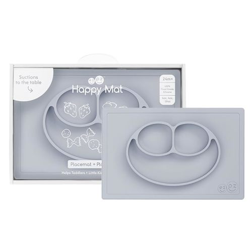 ezpz Happy Mat (Pewter) - 24 Months+ - Toddler + Preschool Essentials | 100% Silicone Suction Placemat + Divided Plate with Three Compartments