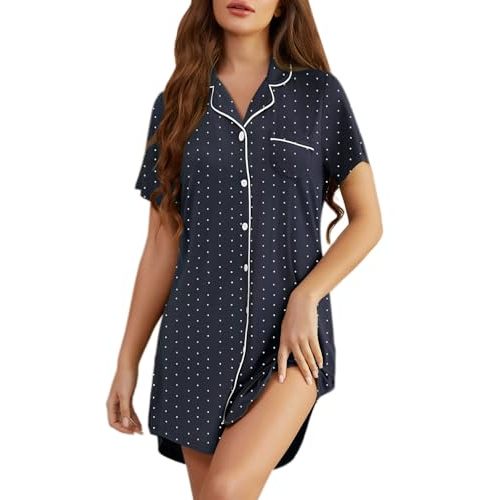 Pjmlifecoco Nightgown for Women Button Down Sleepshirt Short/Long Sleeve Nightdress Soft Modal Sleepwear S-XXL