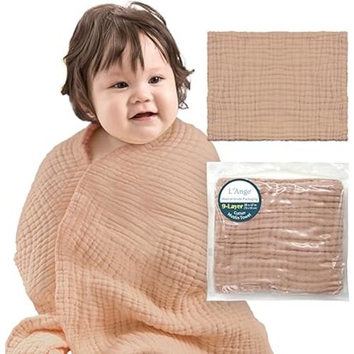 L'Ange Baby Bath Towel - 9 Layers 100% Cotton Muslin, Super Quick Dry, Medical Grade Packaging for Infants and Newborns - 28 x 47in - Khaki