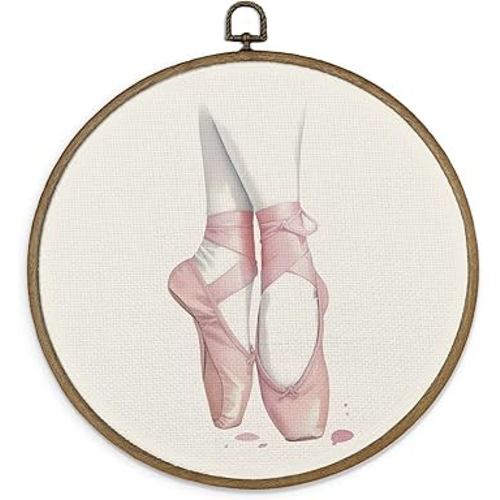 MAQIKA Coquette Ballerina Framed Wall Art Decor, Ballet Wall Art, Pink Ballet Shoes Round Wall Hanging Decor, Girly Dance Ballerina Canvas Prints Wall Art for Girls Nursery Room, 10x10 Inch